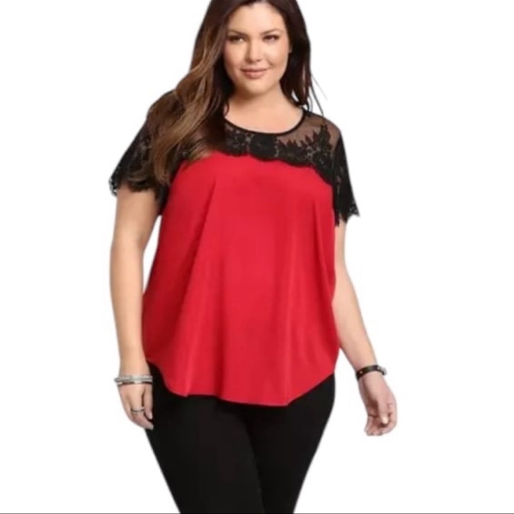 Torrid Women's (3X 22-24) Red & Black Lace Inset Satin Short Sleeve Blouse
